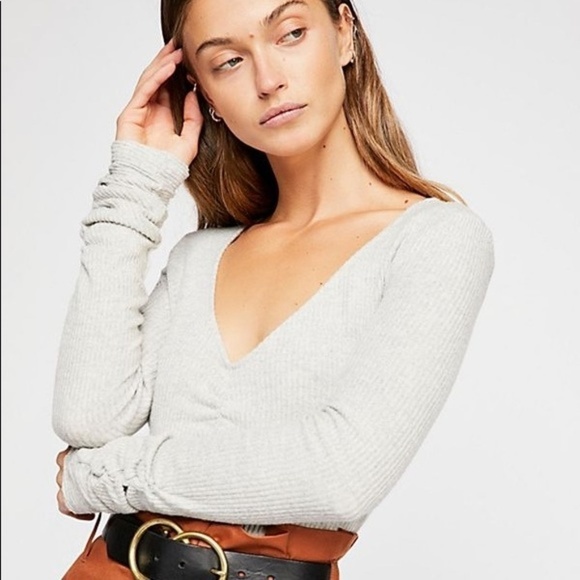 NWOT Free People Cozy Up With Me Bodysuit V-Neck Long Sleeve Grey Women's Small - Picture 1 of 8